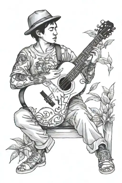 Boy Sitting Against Mango Tree With Classical Guitar Next To Him