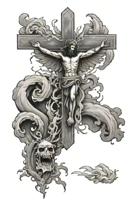 Fenix Coming From Fire Rising Into A Christ Cross Surrounded By A Tornado