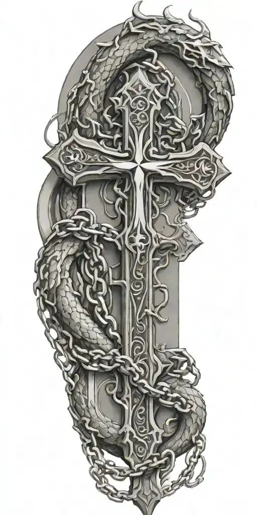 Biblescripture Verses Flowing Around A Cross With Chains On A Dragon
