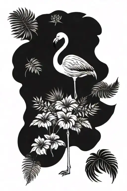 Flamingo Standing With Tropical Flowers