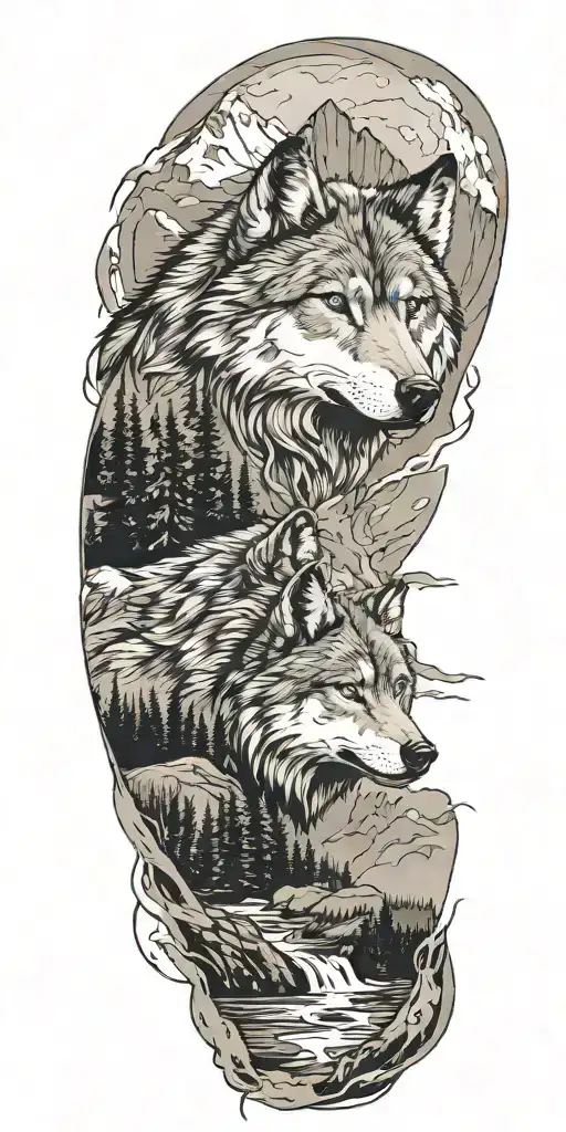 Mountains With A River Flowing Through And Wolf