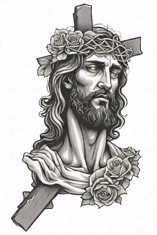 Jesus Praying With A Cross Behind And Roses