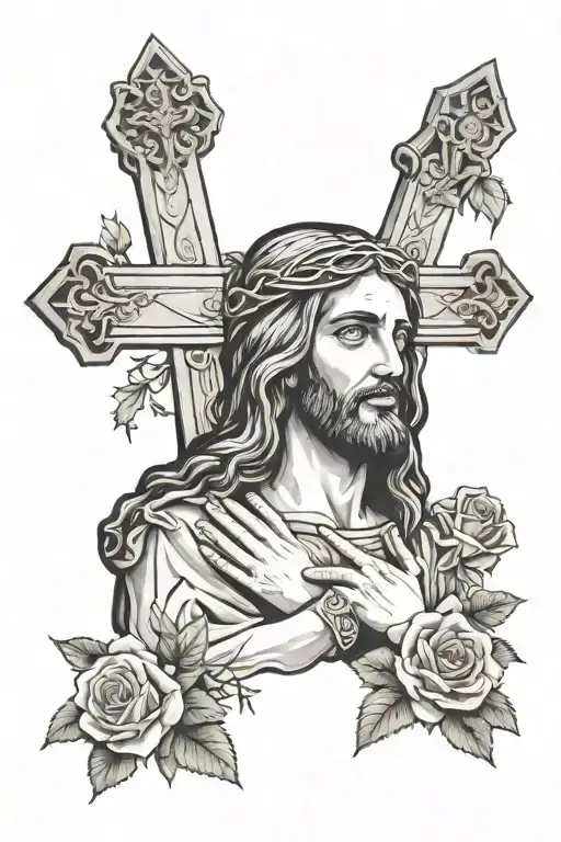 Jesus Praying With A Cross Behind And Roses