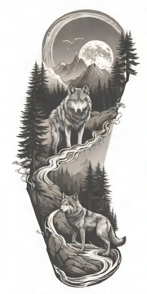 A River Winding Through A Forest Leading To Mountains With Wolf