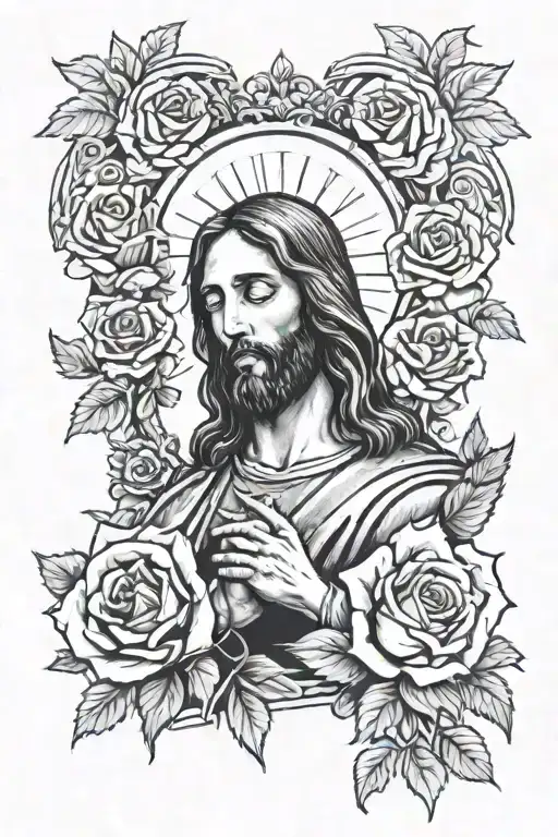 Jesus Praying With A Cross Behind And Roses