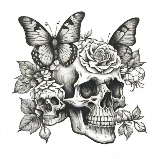 Skull Head Flowers With Moths Vintage