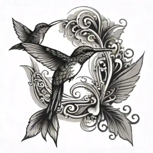 A Black And Grey Tattoo Of A Hummingbird Surrounded By A Swirling Design Inspired By Music Waves