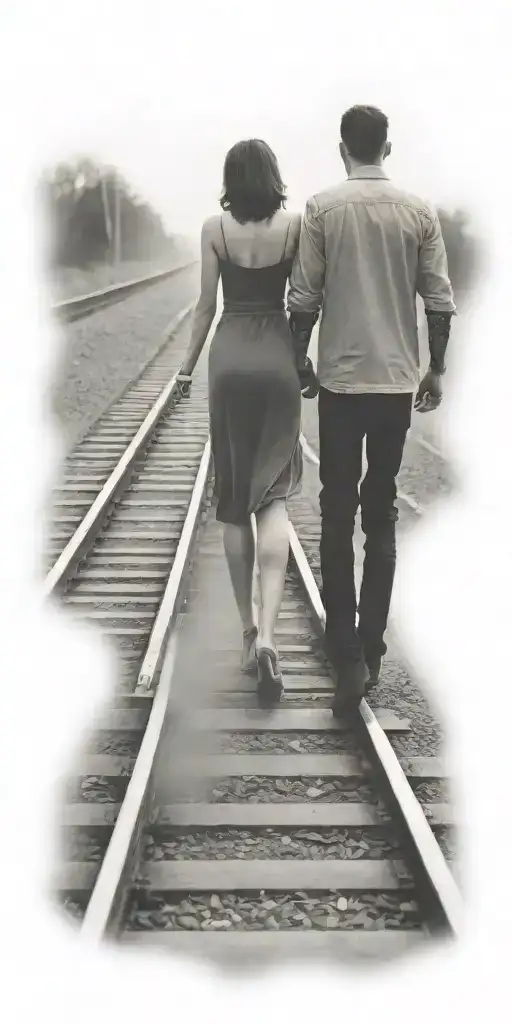 Couple Holding Hands Walking On Train Tracks Forming The Shape