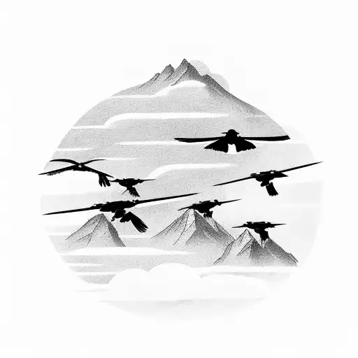 A Group Of Ravens Flying In Formation Over A Mountain Range