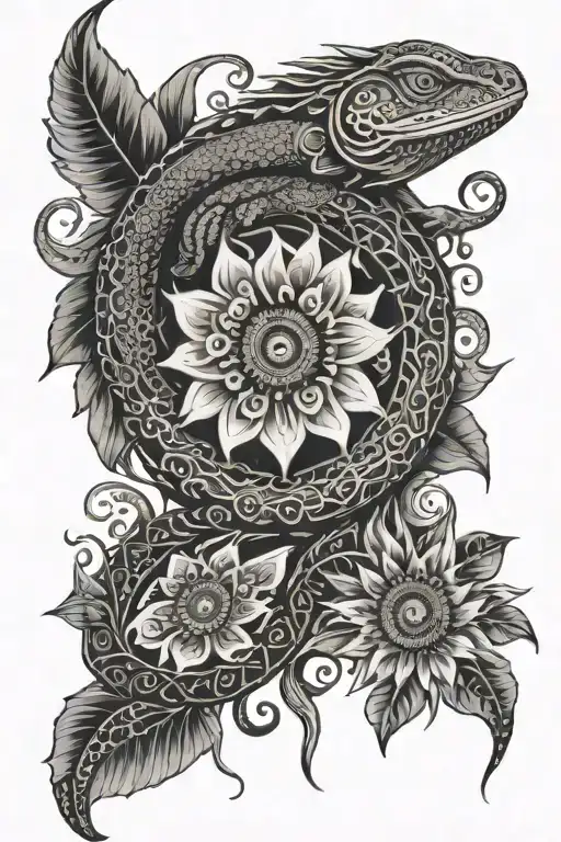 Maori Tattoo With Lizard And Sunflower And The Capcricon Sign