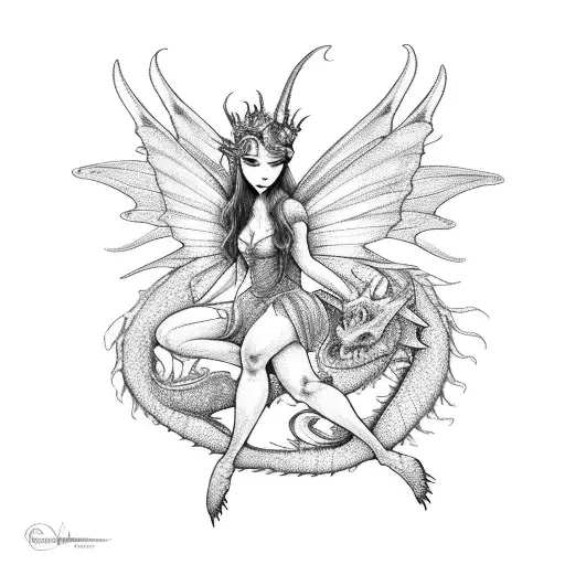 A Whimsical Fairy Riding On The Back Of A Dragon Through A Lush Meadow