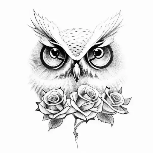 A Tattoo Design Of An Owl With A Rose In Its Beak