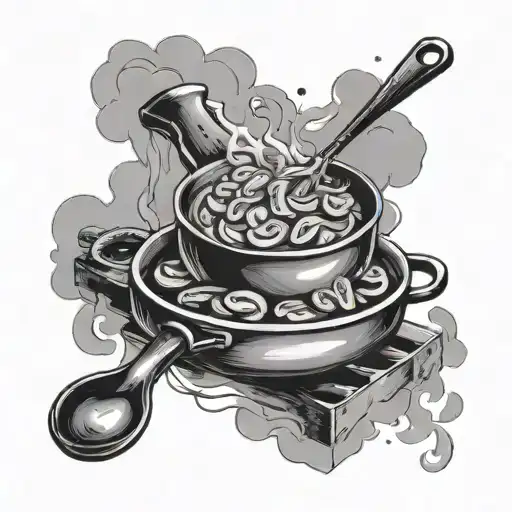 A Black And Gray Tattoo Of A Delicious Dish Being Cooked In A Kitchen