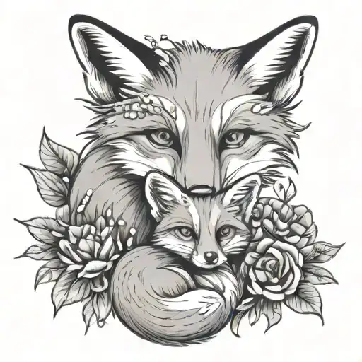 Fox Mother And Baby With Flowers