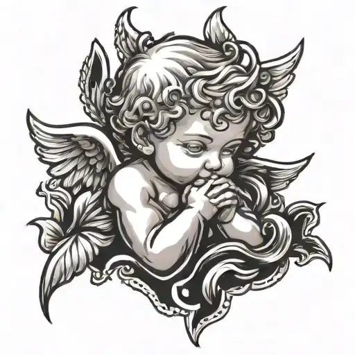 Cherub Vector Angel Praying Looking Down Chicano Style