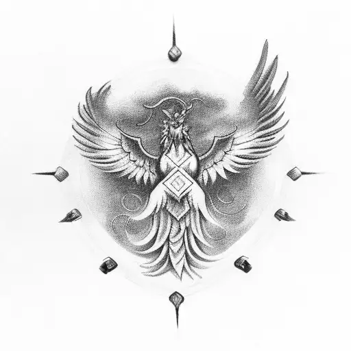 Incorporate A Mythological Phoenix Rising From Steel Flames In A Black-grey Style