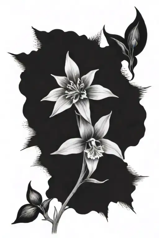 A Minimalist Tattoo Of A Larkspur And Daffodil In A Black-grey Color Palette