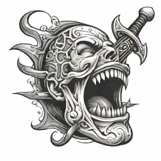 A Head With A Sword Stuck In The Middle Of The Open Mouth