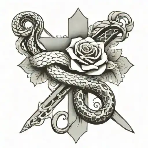 Religious Cross With A Snake And Rose