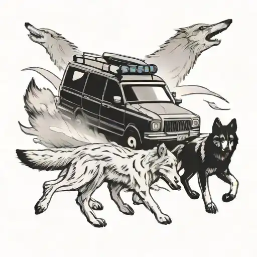 A Police Car Racing Against A Pack Of Wolves