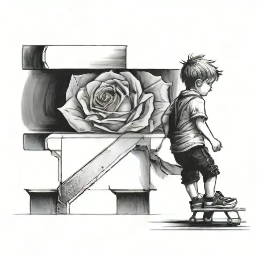 Little Boy Walking Up Stairs That Are Wrapping Around With A Rose And Compass