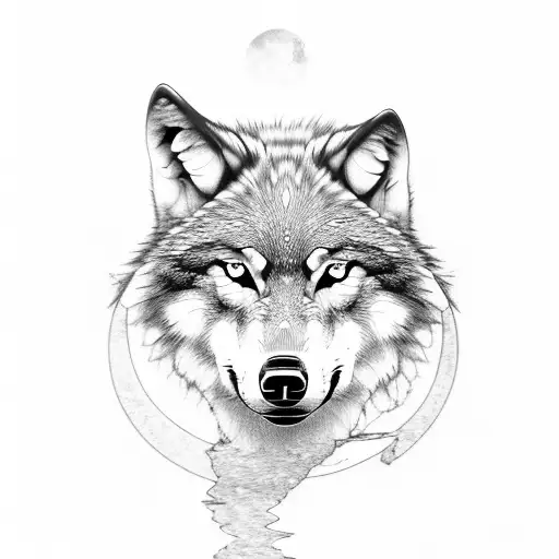 Wolf With A Reflection In Water With The Moon Oattern