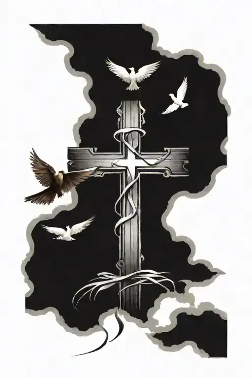 Wooden Cross With Doves Flying Away From The Top Of The Cross With Big Cancer Ribbon