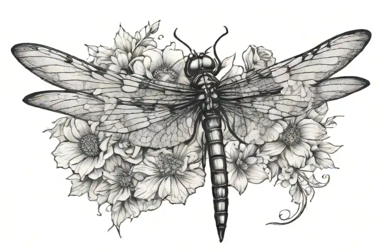 Dragonfly W Flowers Blooming