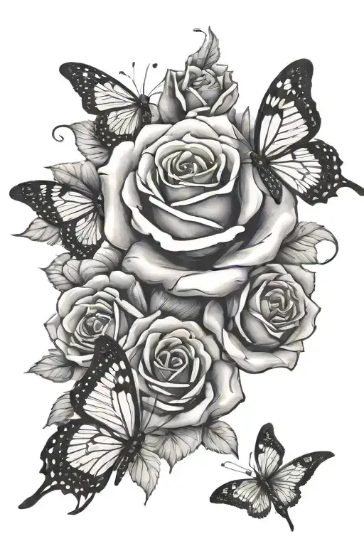 Rose And Butterflies Flying Together