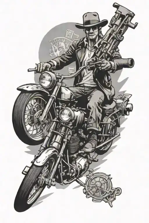 A Sexy Bonnie Holding A Gun On A Motorcycle And Money Flying Out Of A Bag & Clyde Driving The Bike
