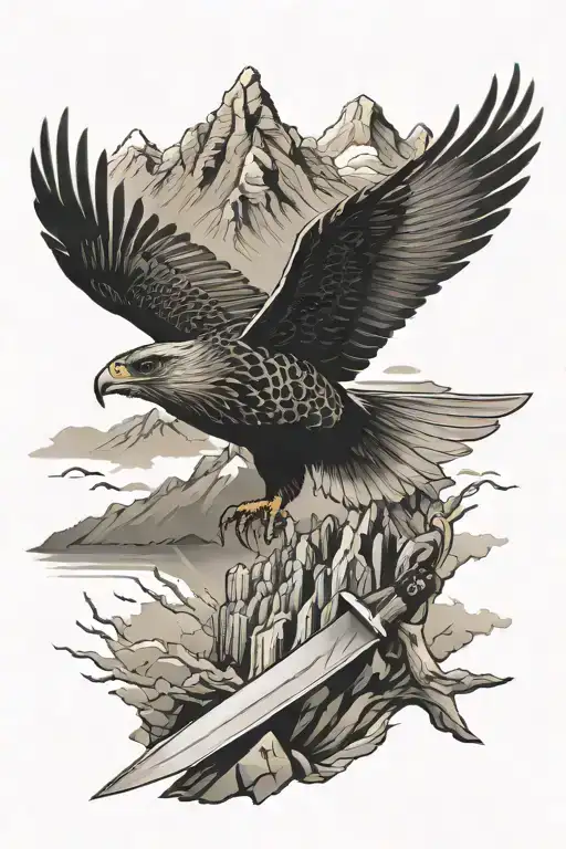 Chef Knife With Mountain Peaks And Falcon Flying