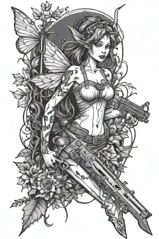 A Fairy Holding A Gun And Knife In A Mystical Forest Setting