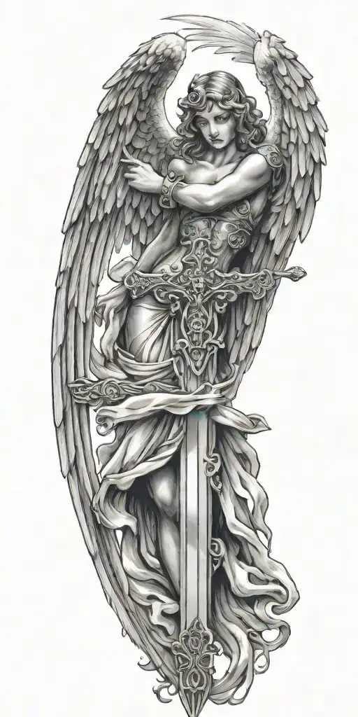 Angel With Wings With A Sword And A Cross Behind It