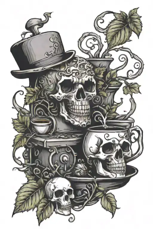 Poison Ivy Vines Wrapped Engulfing Halloween Skulls Pumpkin And Coffee Machine