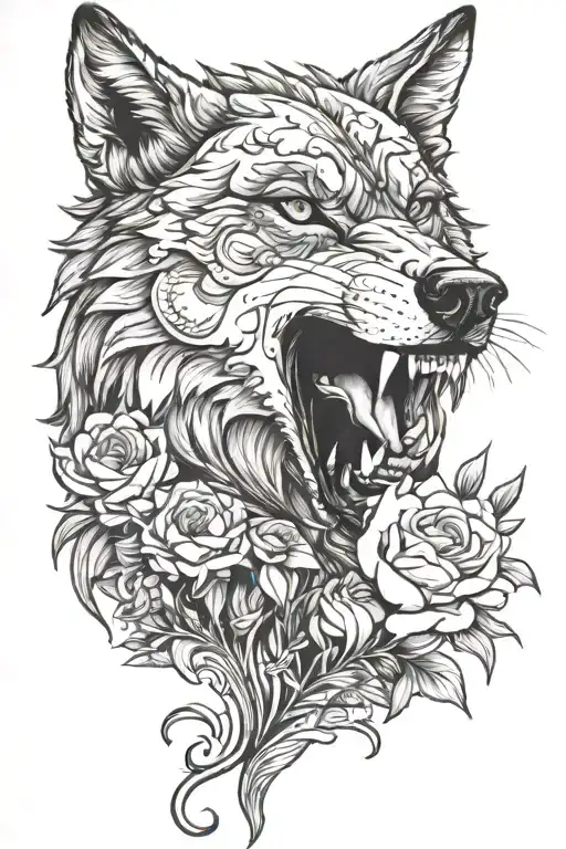 Snarling Wolf With Cosmos Narcissus Roses