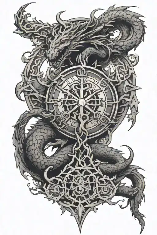 Vegvisir And Yggdrasil Dragon On Leg