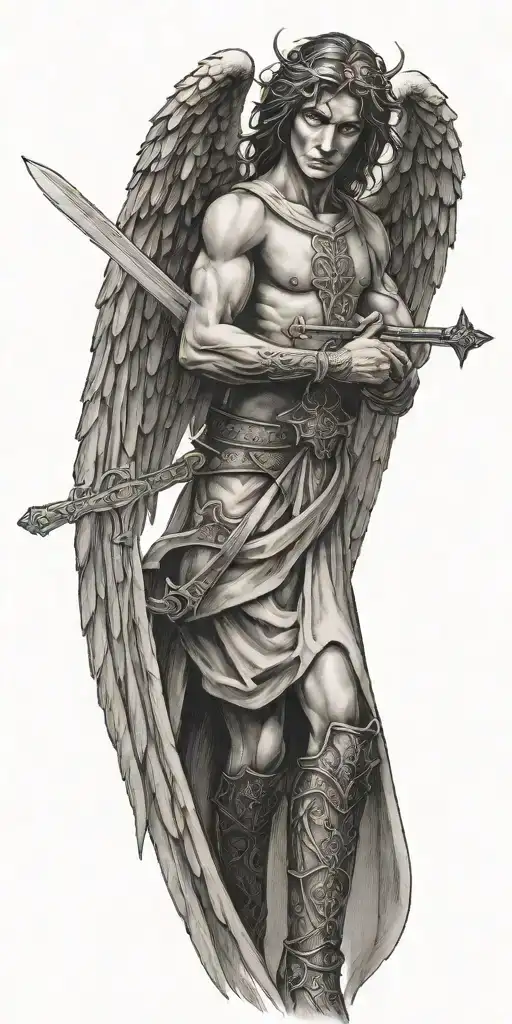 Angel With Wings With A Sword And A Cross Behind It