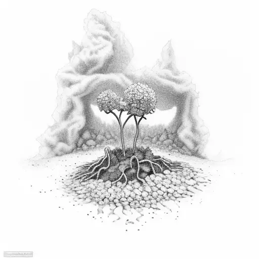 A Plant Growing Through The Ground Up Through Ash And Rubble In A Field