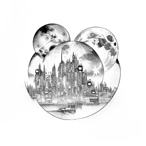 A Futuristic Cityscape With Fate Grand Order Characters Battling Under A Full Moon