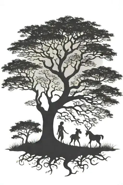African Tree Silhouette With Princeses Playing Games