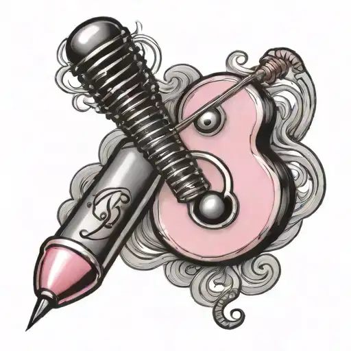 A Pink And Black Music Note Tattoo With A Creepy Doll Holding A Drug Syringe