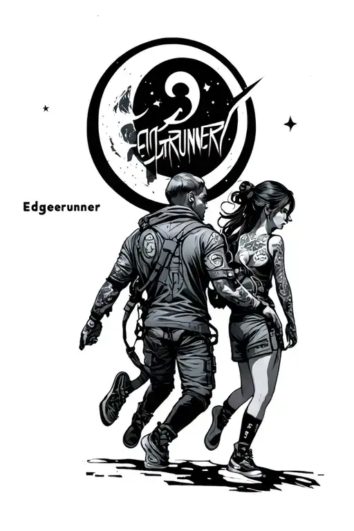 Cyberpunk Edgerunner David And Lucy In The Moon With Edgerunner Logo In The Back