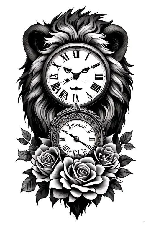 Lion And Clock With Writing And Roses