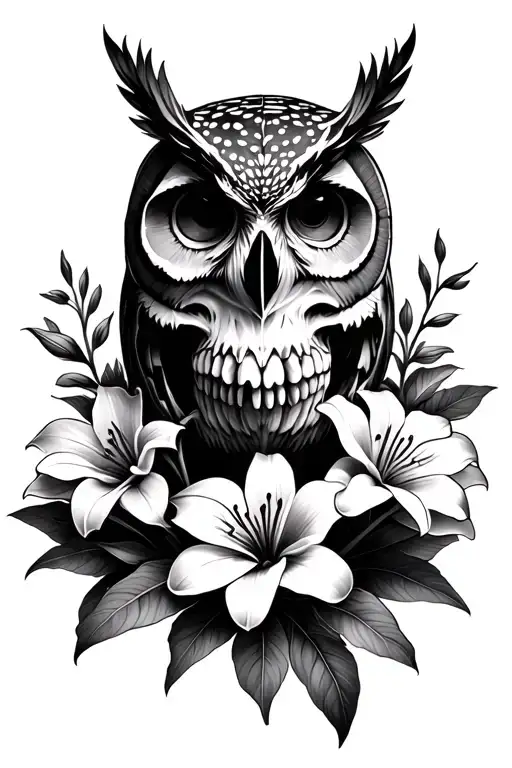 Owl Skull In A Forest With Chinese Spider Lilly Flowers