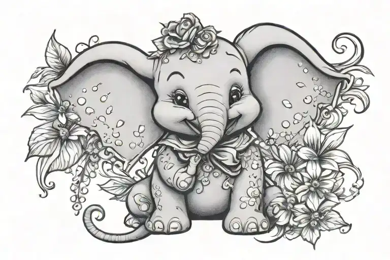 Cute Disney Dumbo With Daisies And Sweet Peas With Paisley Pattern Incorporating Elements