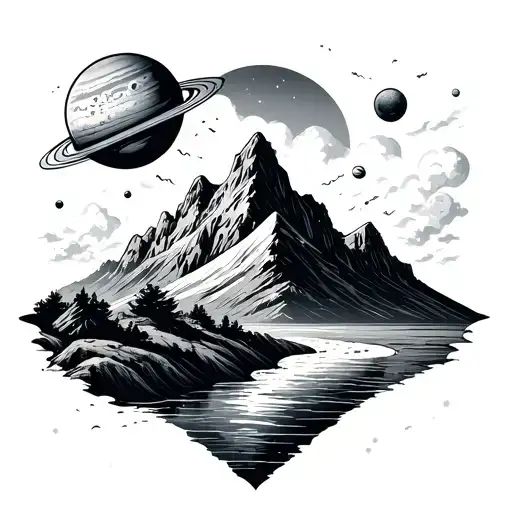 Mountain And River With A Sky Full Of Planets