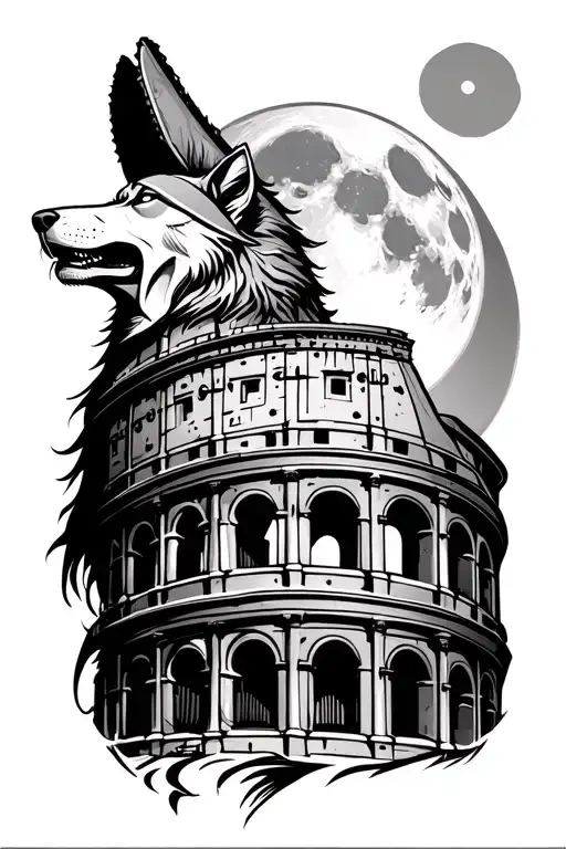 Spartan And Colosseum And Wolf Howling At The Moon