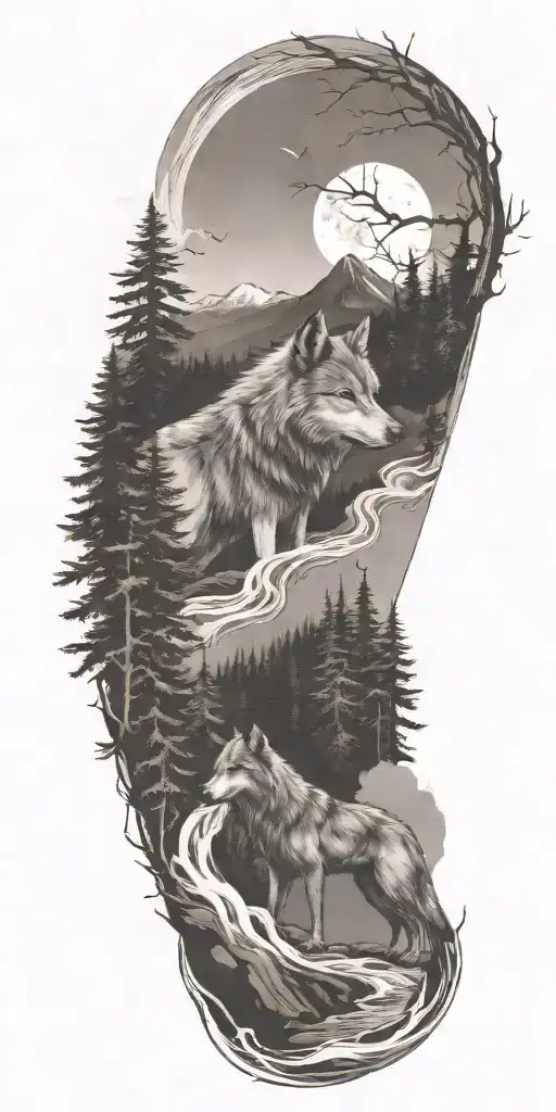 A River Winding Through A Forest Leading To Mountains With Wolf