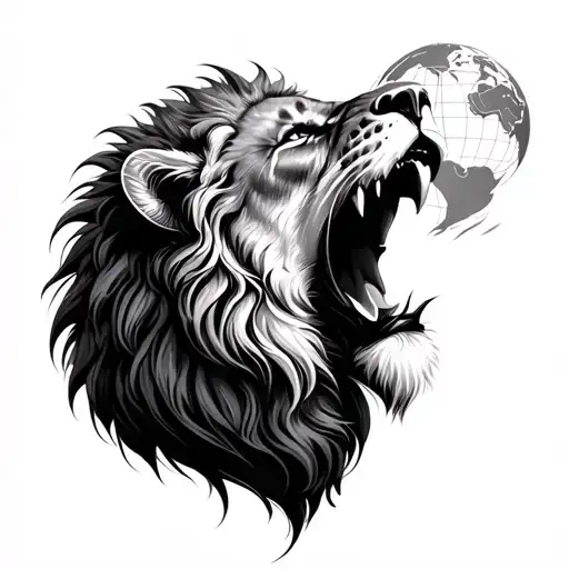 A Realistic Black And Grey Tattoo Of A Lion Roaring With A Globe In Its Mane