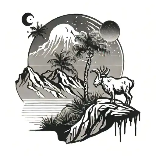Minimalist Mountain And Goat And Palm Tree
